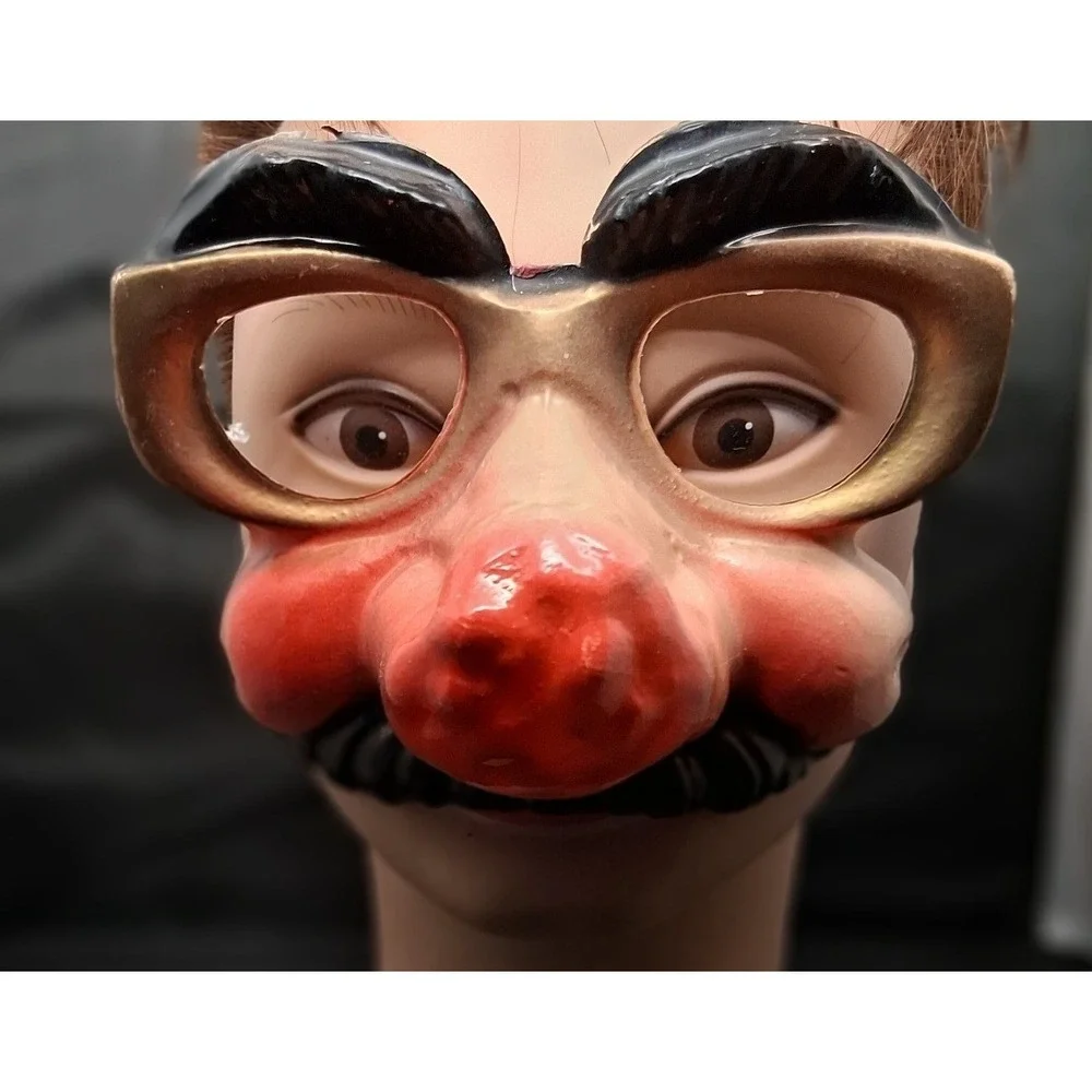 50's Vintage Topstone Novelty Mask Big Red Nose Gold Glasses Mustache Hong Kong